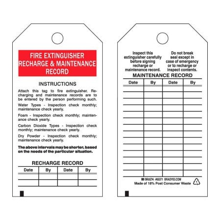 Brady Brady Fire Extinguisher Recharge & Maintenance Record Tag, 25/Pkg, Poly, 3inW x 5-3/4inH 65371